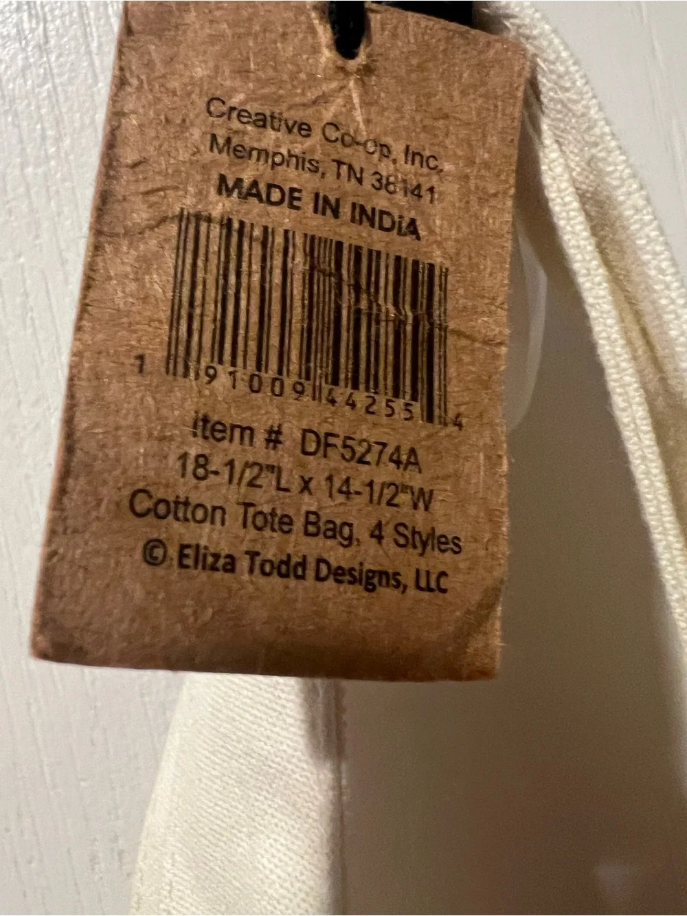 Creative Co-Op Cream Cotton Tote Bag with Printed Tag